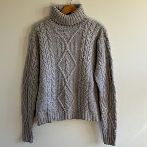 Aran Mor Ireland 100% merino wool Cable Knit Turtleneck Sweater size XL grey